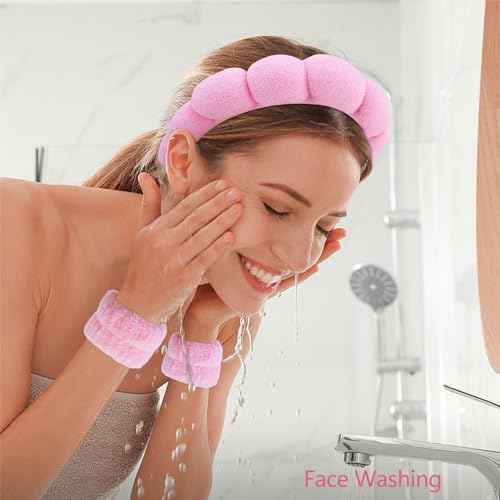 Chanaco Hairband, 2 Pcs Spa Headbands and 2 Pcs Wrist Bands for Women, Pink Microfiber Face Wash Headband with Bow Tie, Skincare Headband, Wide Occasion, Teen Girl Gifts, Trendy Stuff