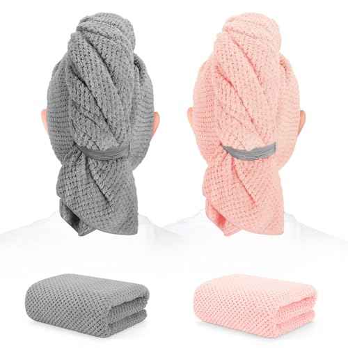 BEoffer 2 Pack Microfiber Hair Towel - 41 x 24 inches Super Soft, Absorbent, Fast Drying Without Frizz Hair Towel Wrap for Women Long, Thick, Curly Hair - Hair Turbans with Elastic Strap
