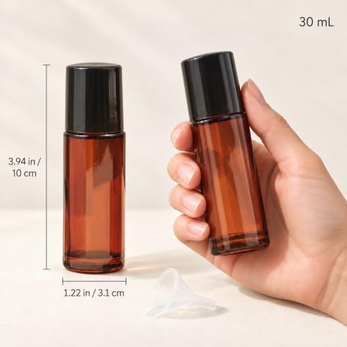 2 Pack 30ml Amber Glass Roller Bottles - Refillable Empty Roll-On Tubes