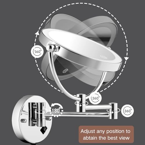 Wall Mounted Lighted Makeup Mirror with Magnification, 8-inch 1X/10X Wall Mount Magnifying Mirror for Bathroom, Touch Dimmable, 360 Degree Swivel, 2-Sided, Extendable Arm