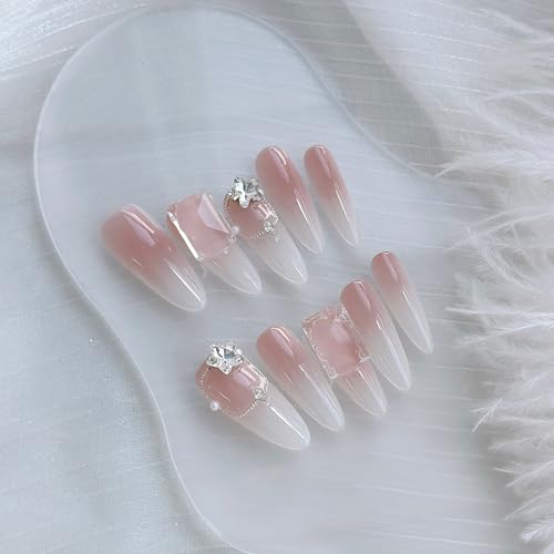 LARSOOY Nails Handmade Press on Nails Long Oval | Salon-Quality Handmade Nails with Rhinestones Design | Pink fake Nails For Women And Girls | False Nails 10 Pcs (Stardust tear(drops), M)