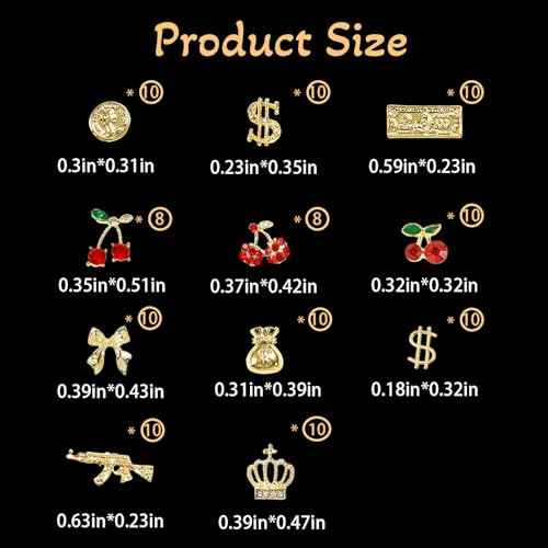 106 Pcs Gold Nail Charms with Dollars Sign, Coins, Cherries, Crowns, Guns and Bows for Nail Art Decoration Jewelry