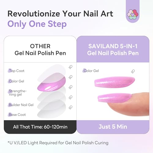 SAVILAND One-Step Gel Nail Pens - 6 Colors, 3-in-1 Base & Top Coat