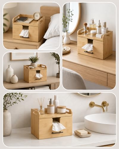 Vespara Bamboo Disposable Face Towel Holder with Drawer & Glass Jars - Vanity Skincare Organizer