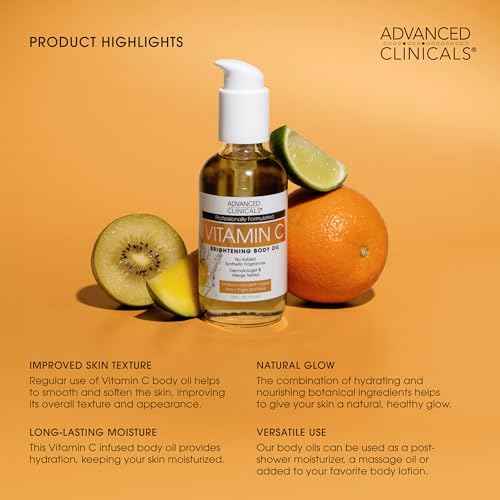 Advanced Clinicals Brightening Vitamin C Body Oil For Women & Men | Vitamin C Glow Oil Skin Care Body Moisturizer With Vitamin E + Botanicals To Help Improve Look Of Dark Spots + Dry Skin, 3.8 Fl Oz