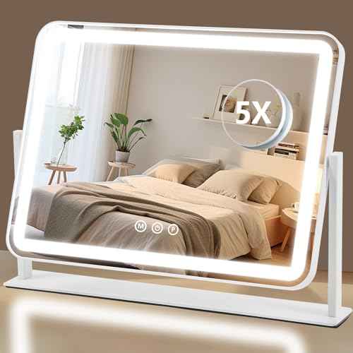 Vanity Mirror with Lights, 5X Magnification Spot Mirror, Makeup Mirror with Dimmable 3 Color Lighting, 17.3"L x 14.2"W