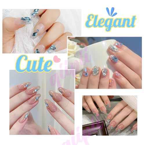 Light Blue Rhinestones for Nails Multi Shapes Crystal Flatback Rhinestones Gems Round Beads Glass Stones Diamonds Jewels w Wax Pen for Faces Eyes Makeup Crafts