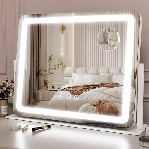 ROLOVE White 22x17 Inch Lighted Vanity Mirror with Dimmable LED & 360° Rotation