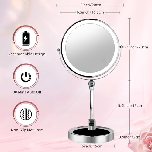 8" Rechargeable Lighted Makeup Mirror with Magnification, Adjustable Height & Brightness 1X/10X Double Side Magnifying Mirror with Light, 3 Color Lighting 360¡Æ Rotation Storable Base, Chrome