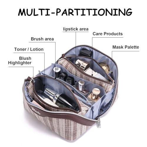 BOYATU Travel Makeup Bag for Women: Large Capacity Open Flat Make up Bag Set of 3 - Vegan Leather Cosmetic Bag with Compartments - Waterproof Toiletry Bag with Handle & Divider(I-5-Brown)