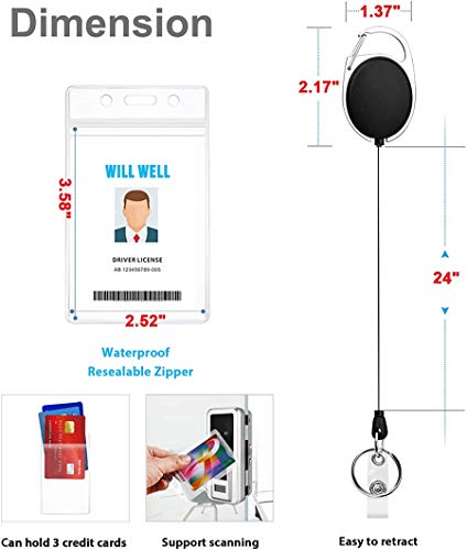 2 Pack ID Badge Holder with Clip Badge Reels Retractable Heavy Duty Clear Id Card Vertical Lanyard Holder with Carabiner Badge Reel with 24 inches Pull Cord