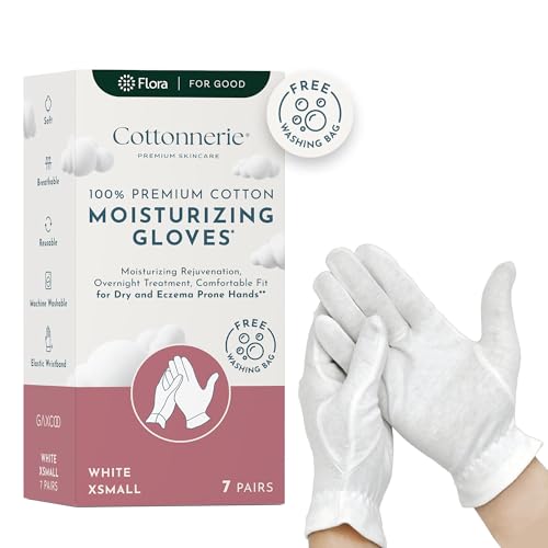 Gaxcoo Cottonnerie X-Small 7 Pairs 100% Premium Cotton Moisturizing Gloves for Dry Hands & Eczema | Overnight Lotion & Spa Treatment for Women & Men | Reusable, Free Washing Bag - Packaging May Vary