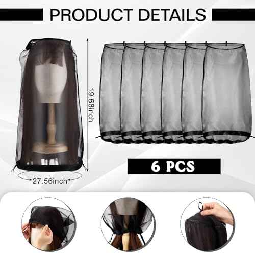 Loopeer 6 Pcs Wig Storage Bags Adjustable Wig Bag with Drawstring Portable Travel Organizer for keep from Dirt Dust(Black)