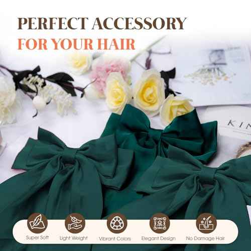 Silky Satin Hair Bows, Oversized Long Tail Bows with Barrette Clips, Coquette Hair Accessories for Women and Girls (Green 3P)