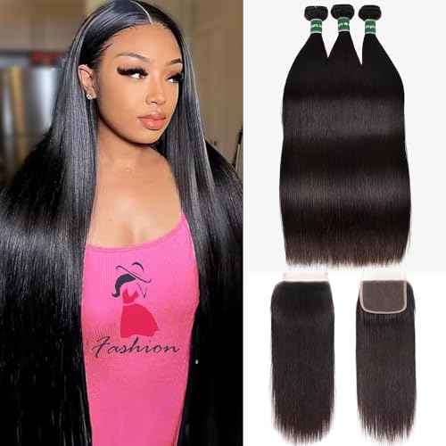 Straight Bundles with Closure Human Hair 24 26 28+20 Inch Brazilian Human Hair 3 Bundle with 4x4 HD Lace Closure Free Part 10A Grade 100% Unprocessed Virgin Hair Straight Bundles Natural Color