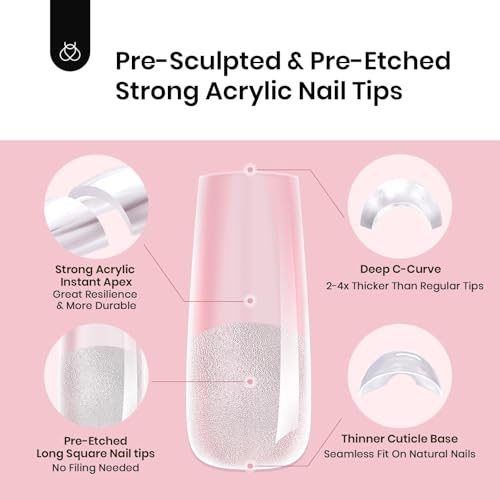 Beetles Tipex Instant Apex Long Square Nail Tips, 16 Sizes, 192 Pcs – Pre-Etched, Strong Extension