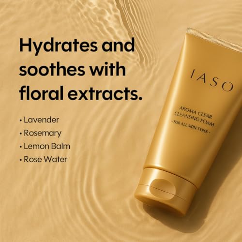 IASO Aroma Clear Cleansing Foam | Moisture-Retaining Korean Face Wash with Rose Water & Lavender, Rich Foaming Deep Cleanser & Makeup Remover, 5.29oz