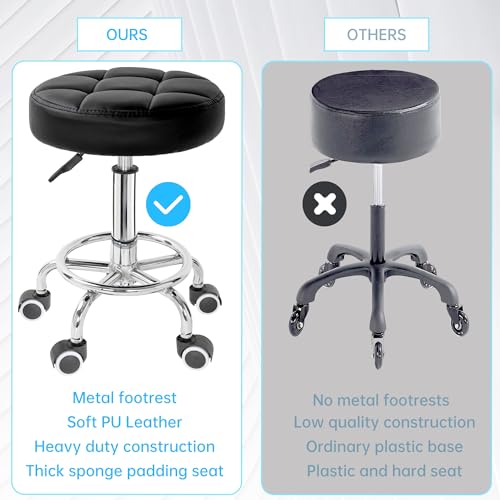 PU Leather Rolling Stool Height Adjustable Swivel Seat with Footrest