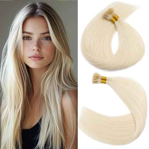 S-noilite Pre bonded I Tip Hair Extensions Human Hair Fusion Stick Tip for Women 100Strands 50Gram Remy Human Hair Piece Invisible Keratin Glue K Tip in Hair 18Inch #60 Platinum Blonde