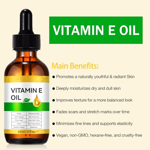Vitamin E Oil, 100% Pure Natural Vitamin E for Skin, Hair, Nails & Scars, Body, for Moisturizing Dry Skin, Skincare, Cold Pressed, Hexane Free, Non-GMO, 2 Fl Oz