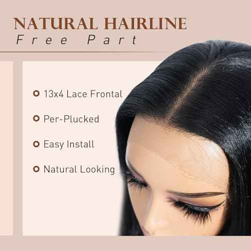 Joedir 28" Long Straight 13x4 Lace Frontal Wigs for Black Women Free Part Lace Front Wigs with Baby Hair Natural Hairline Black Root Easy-360 Synthetic Hair Wig Heat Resistant Fiber (Jet Black)
