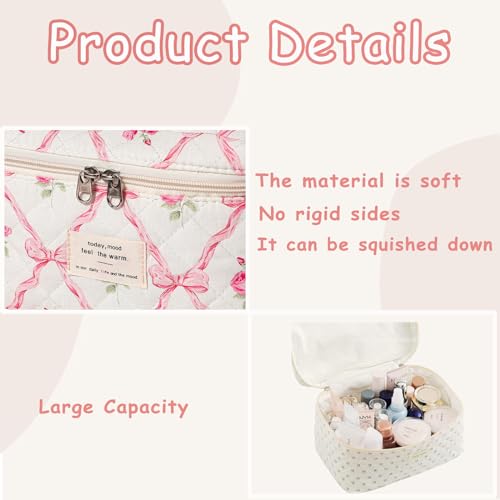 3Pcs Large Quilted Makeup Bag for Women and Girls, Cute Coquette Floral Cotton Cosmetic Bag, Aesthetic Travel Organized Toiletry Bags (3Pcs Pink Bows)