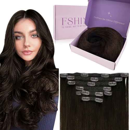 Fshine Clip in Hair Extensions Human Hair 7pcs Per Set with 18 Clips Double Weft Clip in Human Hair Extensions Brazilian Virgin Human Hair Dark Brown For Women 18 Inch