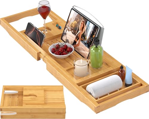 Bamboo Bathtub Tray Caddy | Expandable Bath Organizer