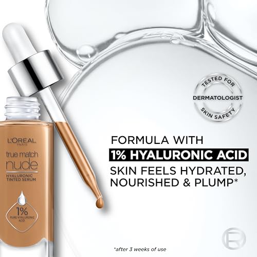 L'Oreal Paris True Match Nude Hyaluronic Tinted Serum Foundation with 1% Hyaluronic acid, Tan-Deep 7-8, 1 fl. oz.