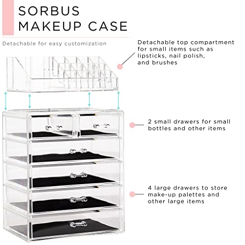 Sorbus 6-Drawer Acrylic Makeup Organizer with Brush & Jewelry Storage