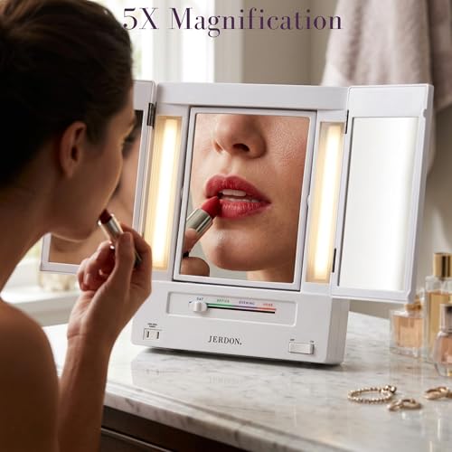 JERDON Lighted Makeup Mirror 5X Magnification Tri-Fold White