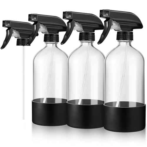 3 Pcs 16oz Empty Glass Spray Bottle with Black Silicone Sleeve Protection - Refillable Boston Round Containers with Adjustable Nozzle for Cleaning Solutions, Essential Oils, Misting Plants, Gardening