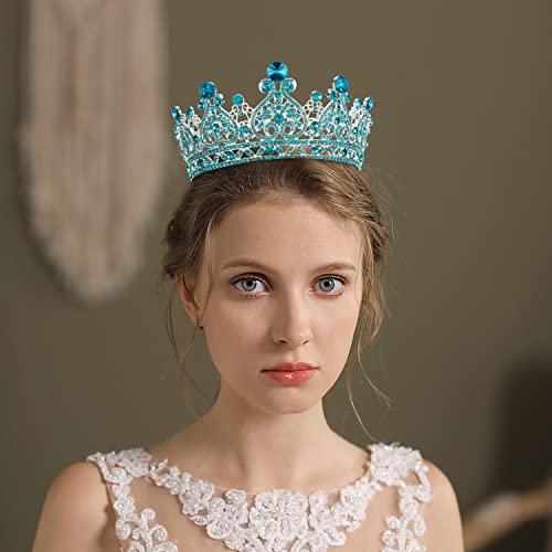 Aprince Aqua Blue Full Round Crystal Tiaras and Crowns for Women, Silver Queen of Hearts Crown Rhinestones Wedding Gifts for Bride Birthday Queen crown for women queen of hearts Accessories for Prom