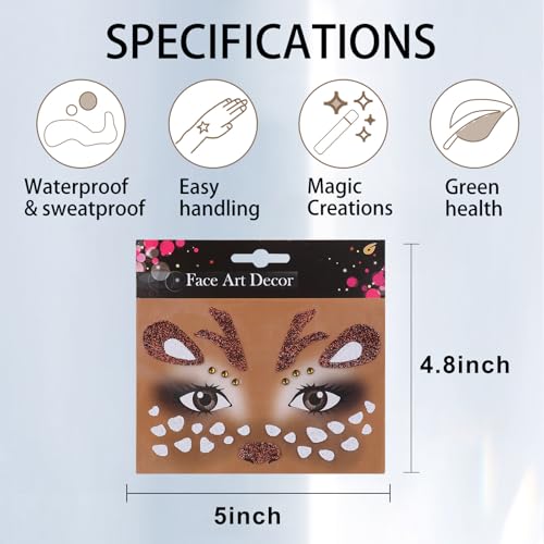 Totelux Christmas Reindeer Face Tattoos Stickers Glitter Face Jewels Cute Animal Deer Temporary Tattoo for Adult Kids Makeup Birthday Festive Cosplay Party Decoration Supplies 2Pcs