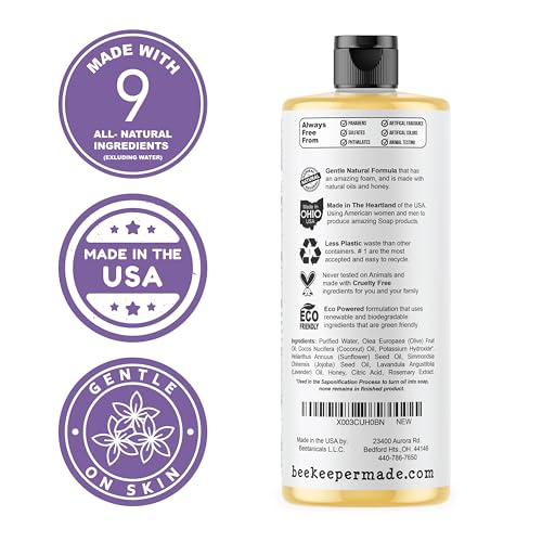 Beekeeper Made Natural Castile Soap, 32 fl oz | No Palm Oil, 8 Ingredients, Pure Olive, Coconut, & Sunflower Oils, GMO Free, For Sensitive Skin, Made in the USA (Lavender)