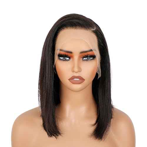 BLY 13x6 HD Lace Front Bob Wig 12 Inch C Part Short Straight Human Hair Wigs Side Part Pre Plucked Glueless Wig for Women Natural Black Color 180 Density