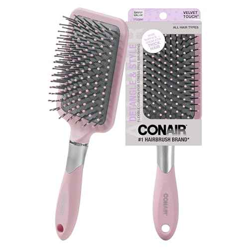 Conair Velvet Touch Paddle Cushion hair brush - Detangling hairbrush - curly or straight styles - men or women - detangler - features soft touch handle - Blush Pink