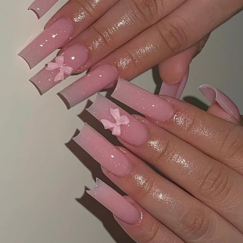 Pink White Long Square Press on Nails French Tip Fake Nails 5D Star Bow Pearl False Nails with Designs Cute Acrylic Nails Full Cover Glossy Glue on Nails Artificial Nails for Women Girls 24Pcs