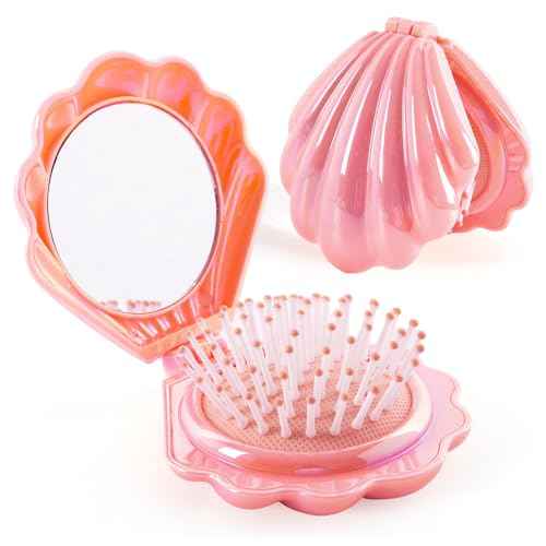 Iridescent Shell Folding Hair Brush with Mirror, Compact Travel Size Mermaid Hair Brush for Purse, Portable Brush Mini Pocket Mirror Massage Comb for Women (PINK)