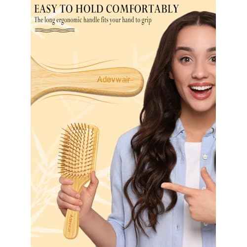 Bamboo Hair Brush for Men Women Detangling Thick Curly Hair, Natural Bamboo Bristles Wooden Paddle Hairbrush with Ergonomic handle for All Hair Types