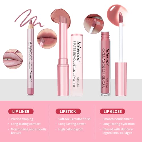 3-Piece Lip Liner & Lipstick Set - Matte & Gloss Combo