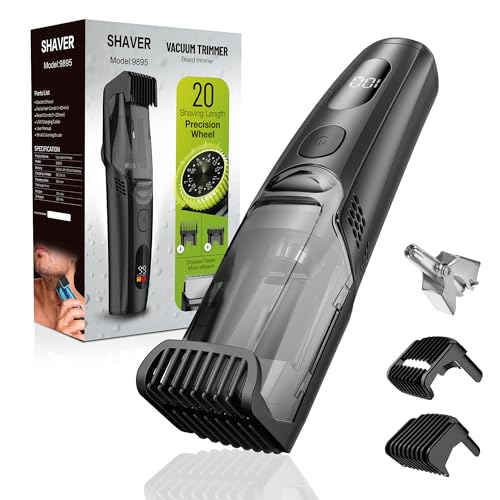 Vacuum Beard Trimmer for Men, Rechargeable Electric Mens Beard Trimmer with Adjustable Length Comb (1-20mm), Cordless Mustache Trimmer for Men with Built-in Vacuum for Facial, Sideburns (Glossy Black)