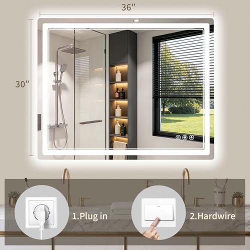 30x36 LED Bathroom Mirror with Anti-Fog & Dimmable Lights