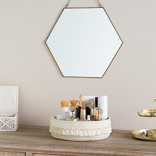 Mkono Macrame Makeup Storage Basket, Hand-Woven Ivory 11"