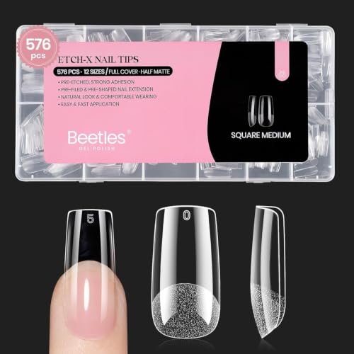 Beetles Medium Square Gel Nail Tips - 576 Pcs, 12 Sizes, Pre-Etched