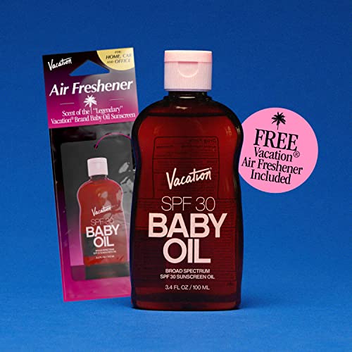 Vacation Baby Oil SPF 30 + Air Freshener Bundle, Broad Spectrum SPF 30 Sunscreen Oil, Vegan Suntan Oil with Broad Spectrum SPF, Sunscreen Tanning Oil, TSA Friendly, Travel Size, 3.4 fl. oz.