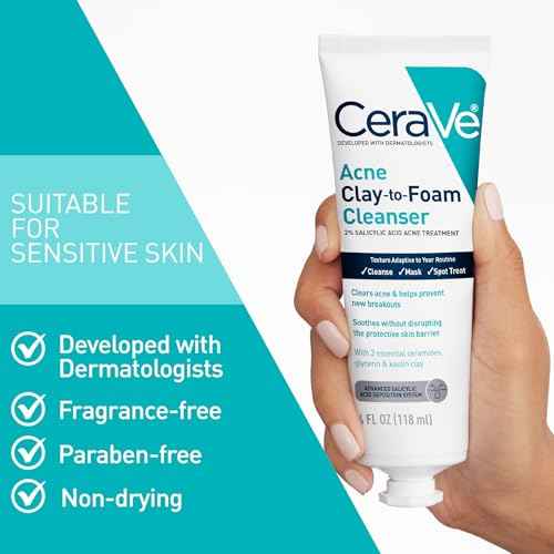 CeraVe Clay To Foam Acne Face Wash, Multi-Use Salicylic Acid & Kaolin Clay Acne Spot Treatment Clears Pimples & Blackheads, Prevents Breakouts, Hydrates & Soothes, Fragrance-Free, Non-Comedogenic, 4oz