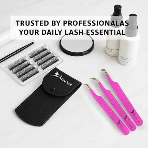 Professional Eyelash Extension Tweezers Set ? Fiber Tip & Diamond Grip Stainless Steel Lash Tweezers for Volume & Isolation | Anti-Static Precision Tool for Lash Artists (Pink)