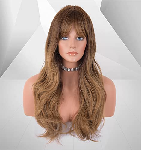 LANOVA Brown Wig with Bangs, Brunette Wig with Bangs, Honey Brown Synthetic Curly Wigs for Women, Long Brown Wigs with Fringe, Loose Curly Wigs 26 inch LANOVA-162