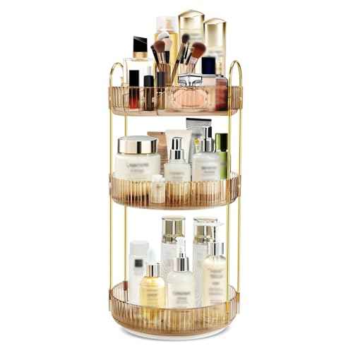 360 Rotating Makeup Organizer for Vanity,3 Tier Large Capacity Skincare Organizers,Bathroom Counter Organizer, transparent Spinning Perfume Organizer & Vanity Organizer (Gold-3 Tier)